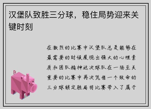 汉堡队致胜三分球，稳住局势迎来关键时刻